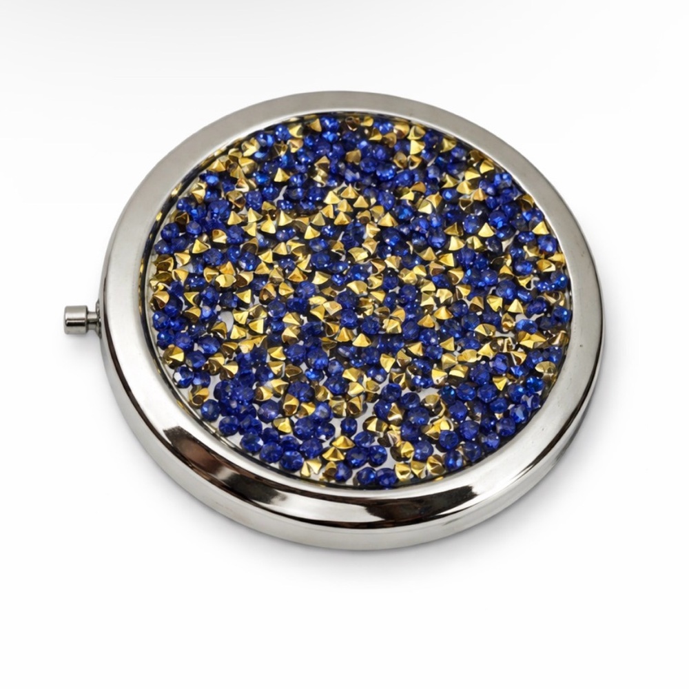 NEW Silver Compact Mirror w/ Blue & Gold Diamond Stone Accents